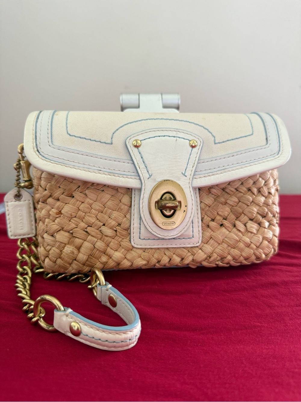 Coach Natural Straw and White Leather Turnlock Crossbody